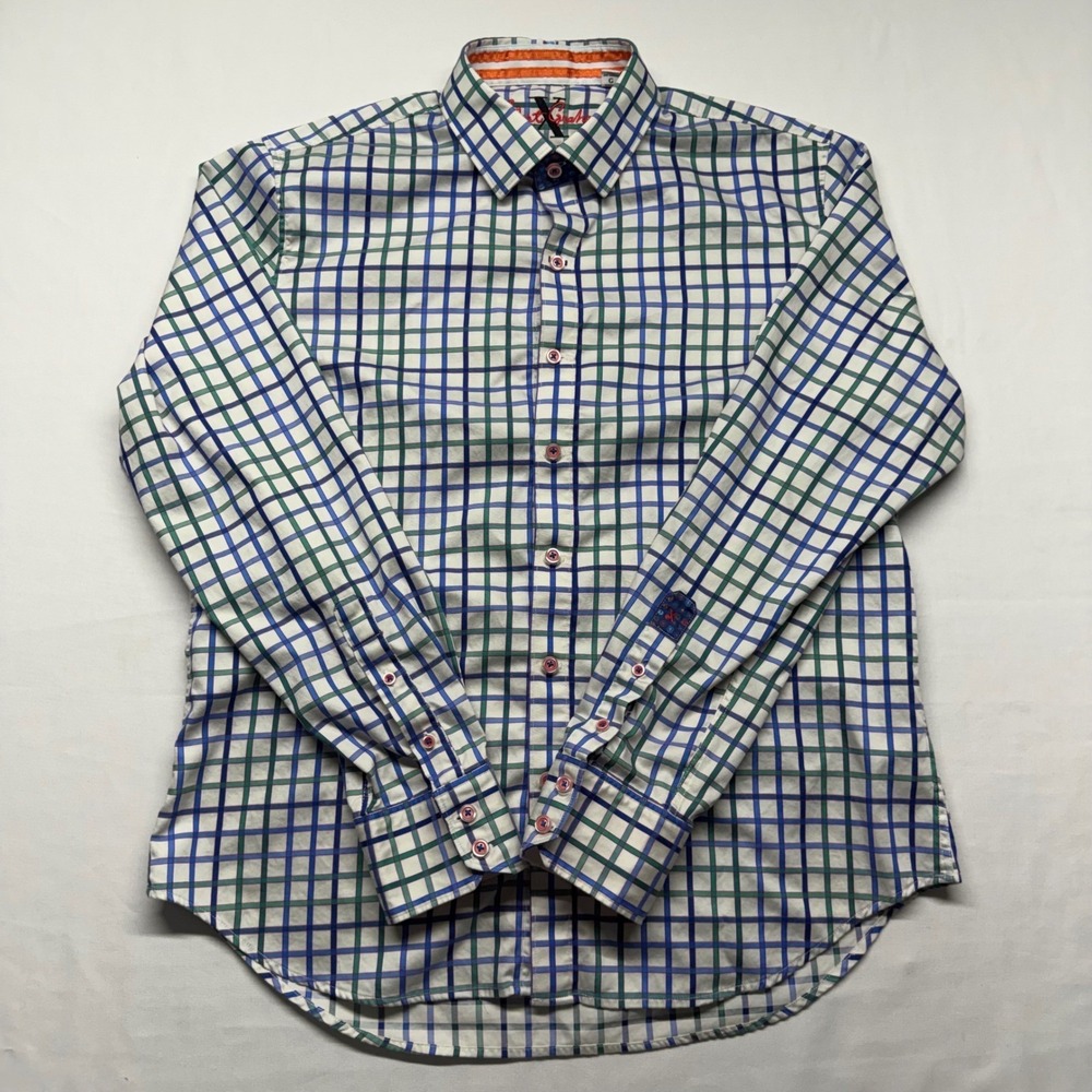 Robert Graham X Collection Shirt Tailored Fit L Blue Green Plaid Men Button Down